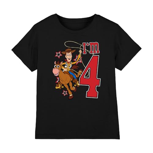 Image of Toy Story Boys Birthday Woody I'm 4 Unisex Kids T-Shirt, Black, 5-6 Years UK