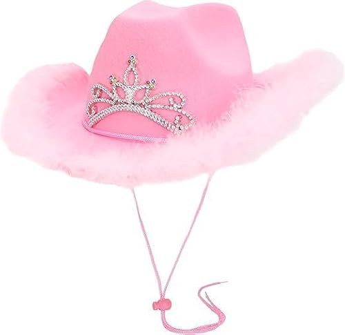 GREY LOOK Cowboy Hat with Flashing LED lights & Feather Trim - Festivals, Concerts, Fancy Dress & Hen Party Accessories - 3 Colours Available (UK, Alpha, One Size, Baby Pink)