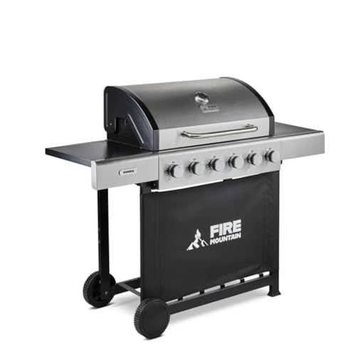 Fire Mountain Sierra 6 Burner Gas BBQ XL Stainless Steel with Cast Iron Grill X-Large Outdoor Barbecue for Garden Patio Family Sized 72 x 42cm Cooking Area