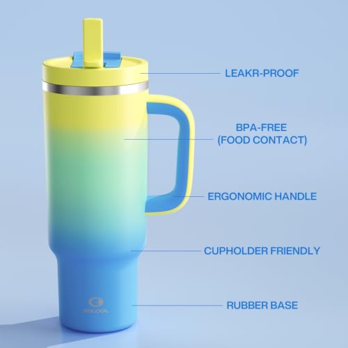 Image of ENCOOL 40 oz Tumbler with Handle and Straw: Stainless Steel Insulated Tumbler Keeps Cold for 24 Hours, Leakproof Travel Cup Fits in Cup Holder and BPA-Free, Soft Lagoon