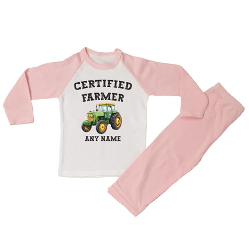 Shopagift Personalised Certified Farmer Green Farm Tractor Baby Toddler Kids Pajama Pyjama Set Girls Pink PJ's