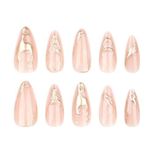 Image of Gold Press on Nails Nude Fake Nails with 3D Gold Line Design Glossy Glue on Nails Artificial Acrylic Full Cover Nude Stick on Nail Medium Almond False Nail for Women Manicure 24Pcs