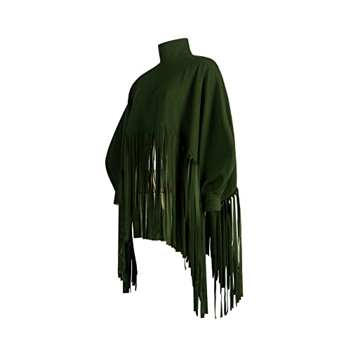 Trkiyqc Women 'S High Neck Tassel Ponchos Cloak Cape Oversized Fringe Top Shawl Pullover Sweatshirt Casual Streetwear Outwears (Army Green, Xx-Large) #TOP2