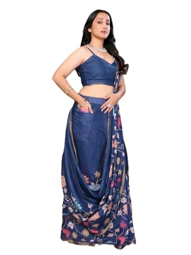 Image of SAMANTHA Black Floral Print Ready to Wear Linen Saree with Pocket & Adjustable Belt