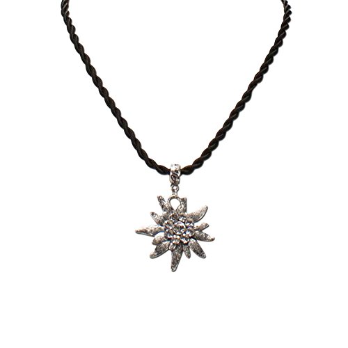 Bavarian drawstring cord necklace with rhinestone Edelweiss, Ladies costume jewelry, traditional german pendant necklace for Dirndl, Leather trouser, Oktoberfest (black)3