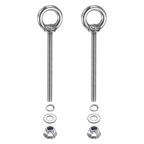Image of PATIKIL M4 x 50mm Shoulder Eye Bolt, 2 Pcs 304 Stainless Steel Lifting Ring Threaded Eye Bolt with Flange Lock Nuts Spring and Flat Washers for Hanging Tie Down Straps Outdoor Indoor