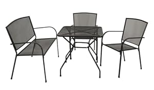 DEGAMO Gartengarnitur Classic 4-teilig, bestehend aus 2X Stapelsessel, 1x Bank für 2 Personen und 1x Tisch 70x70cm quadratisch, Streckmetall anthrazit beschichtet