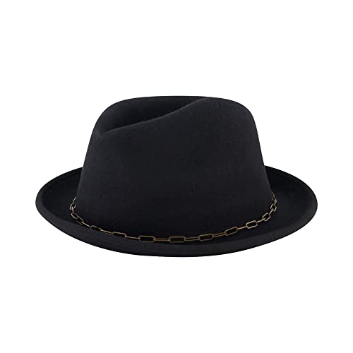 Christian Siriano New York Fedora Hat, Wool Felt Wide Brim Fedora Fashion Hat with Paper Clip Chain Band, Black, One Size