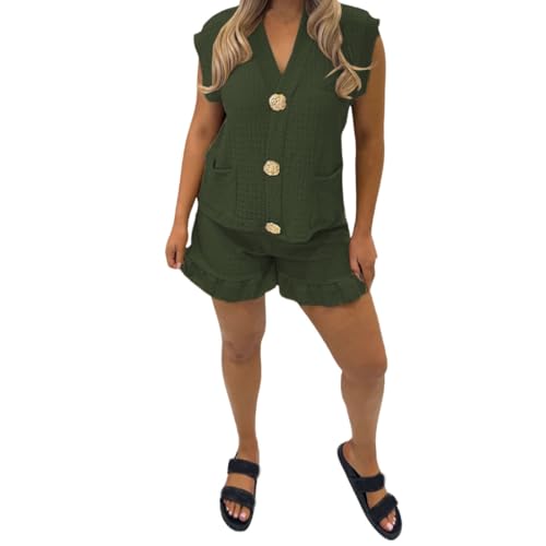 Survêtement 2 pièces sans manches kaki ensemble short à boutons dorés pour femme