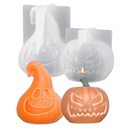 Junhui 2 peças molde de silicone velas de abóbora, Halloween conjunto de moldes de resina, molde de silicone de abóbora para decoração de Halloween, festas