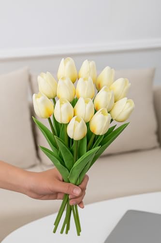 Image of Pink Olive Tulip Flowers Bunches | for Home Decor | Living Room, Corner Table, Bedroom, Wedding Party Decor, Gifting | Real Like Feel, Artificial Flower | Bunch of 05 (Offwhite Tulip)