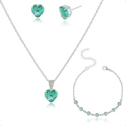 Kit Semijoia Banhado Prata 925 com Pulseira, Colar e Brinco Coração Verde Turmalina