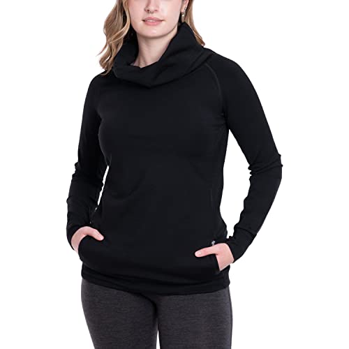 Woolly Clothing Women's Merino Wool Cowl Neck Pullover - Mid Weight - Wicking Breathable Anti-Odor M BLK