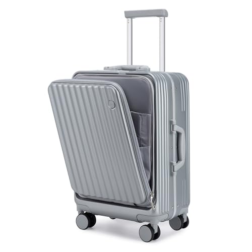 Somago Carry on Luggage Front Open 22x14x9 Airline Approved Lightweight Suitcase with Cup Holder and USB Port Aluminum Frame Polycarbonate Spinner Hard Suitcase with TSA Lock (Silver)