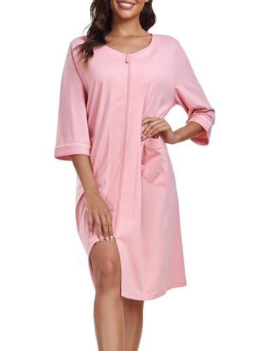 EA'S SECRET Bademantel Damen mit Reissverschluss Leichter Atmungsaktiv Bathrobe Bademäntel für Damen Knielang mit Taschen(Pink,2XL)
