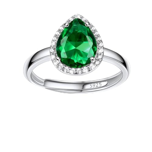 Bestyle Anillo de Mujer Plata de Ley 925 Ajustable de Lágrima, Anillo Piedra Nacimiento de Esmeralda Mayo, Anillo Pequeños con Circonita Cúbica, Anillos Chica de Moda para Cumpleaños Navidad