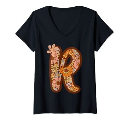 Mujer Nombre monogramado con letra R floral retro boho Camiseta Cuello V