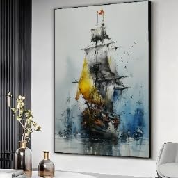 XBTYKPB Vintage Sailing Ship Canvas, Nautical Watercolor Wall Art, Maritime Decor, Ocean Ship Painting, Canvas Home Decoration(50x75cm/Frameless)