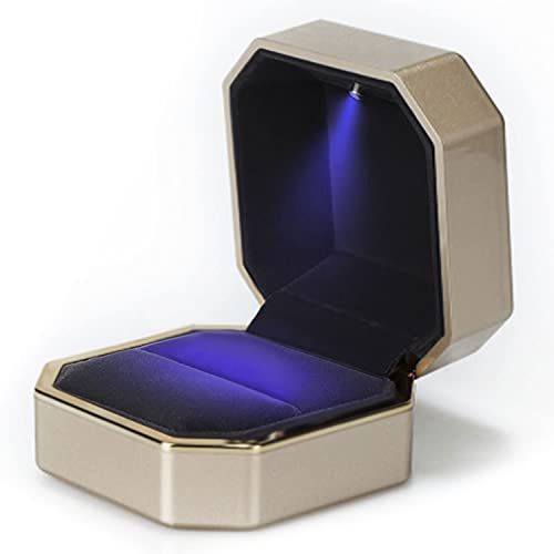 Image of Luxury Ring Box, Square Velvet Wedding Ring Case Jewelry Gift Box with LED Light for Proposal Engagement Wedding, Gold