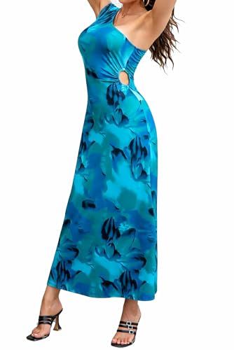 Image of One Shoulder Dress for Women 2026 Summer Print Sleeveless Cut Out Ruched Party Bodycon Maxi Dresses