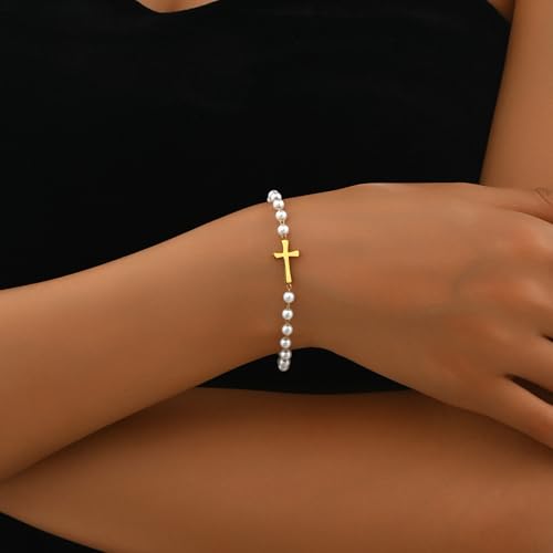 Cross Bracelet for Women 18K Gold Plated Dainty Pearl Beaded Cross Bracelets Adjustable Stainless Steel Trendy Wedding Bridesmaid Jewelry3