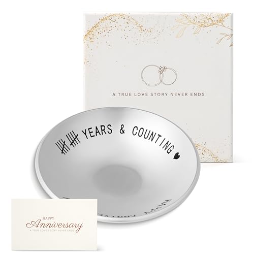 Urllinz 10 Year Anniversary Tin Gifts for Him - 10th Wedding Anniversary Jewelry Tray for Wife Couple Husband Her, Sliver Ring Holder Dish & Card & Gift Box, 4'