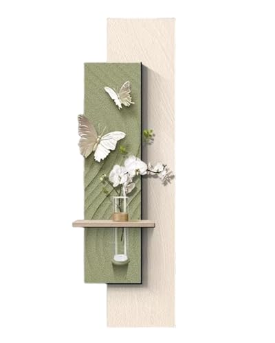 �A�[�g�p�l�� 3d Double Layer Sandstone Butterfly Wall Art with Led Light& Hydroponic Vase, Rectangle Frameless Wall Hanging Mural, Bei