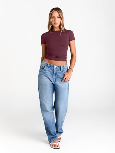 Image of Trendy Queen Womens Boat Neck Tops Short Sleeve Shirts | Compression Basic Tops,Y2K Aesthetic Slim Fit,Professional Business Casual, Polished Teacher Outfits