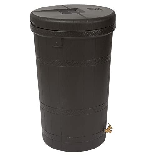Good Ideas Aspen 50 Gallon Capacity Outdoor Rain Barrel Water Storage Collector Saver with Brass Spigot and Removable Lid, Oak Brown