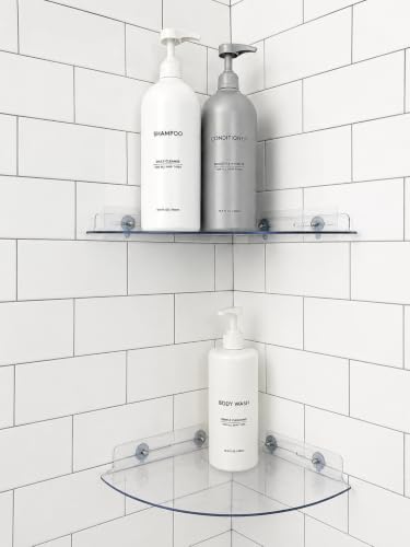 Bakzon Acrylic Corner Shelf 2 Pack, Adhesive Shower Caddy, 0.12" Thick Shatter-Resistant Clear Bathroom Corner Shelves for Tile Wall, No Drill Renter Friendly, 10×10 Inch, 20 lbs Capacity