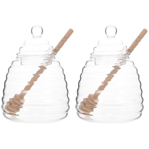 Hemoton Glass Honey Jar with Dipper and Lid, 2 Sets Clear Crystal Honey Pot Beehive Honey and Syrup Container for Home Kitchen 17OZ