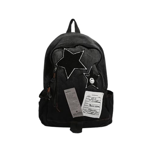 Mochila vintage Y2K Grunge – Mochila jeans gótica com estrelas, linda mochila estética emo para mulheres e homens, alternativa, 【Preta】, M