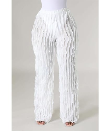 Sexyshine Women's Flowy Ruffle Pants Elastic High Waist Wide Straight Leg Trousers Ruched Sheer See Through Cover Up Pants2