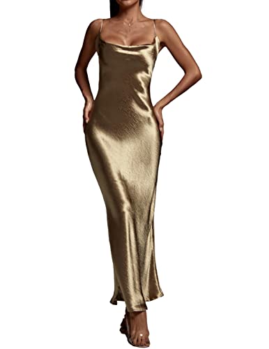 slim fit dress slacks Zapaka Women Metallic Satin Gold Prom Dress with Slit A Line Pleated V Neck Long Formal Dress, Golden / UK14 main image 1
