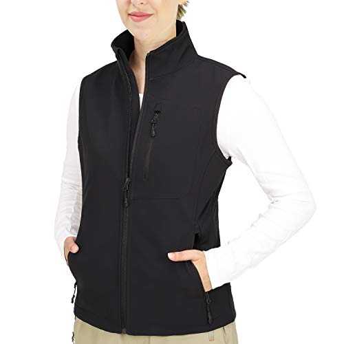 MIER Women's Windproof Softshell Vest Full-Zip Fleece Lined Travel Vest with 8 Pockets, Water-Resistant, Black, M