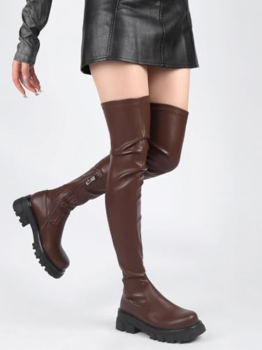 Image of CouieCuies Black Thigh High Boots For Women Platform Over The Knee High Boots Lug Sole Comfortable Stretch Boots 6-11