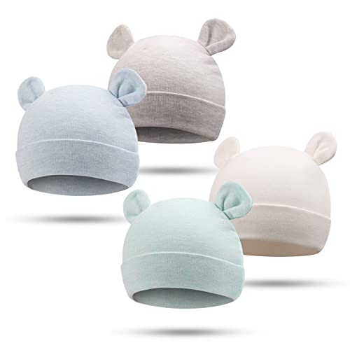 Bamery Newborn Baby Girls Hospital Hat Thick Cute Bear Ear Cotton Baby Boy Beanie for 0-6Months (White+Blue+Gray+Green,0-6 Months)