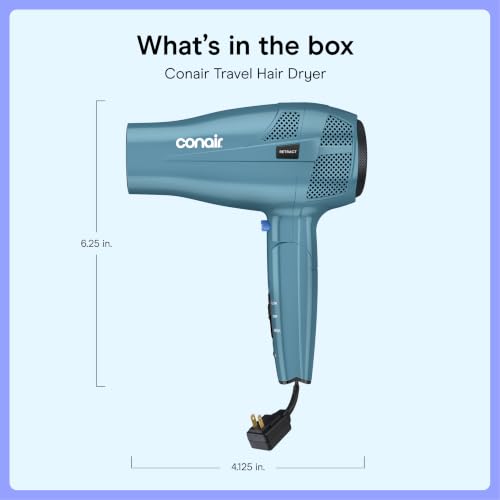 Conair Travel Hair Dryer, Dual Voltage, Folding Handle, 1875W, Blue | Travel blow dryer for at home and on the go, 1.75-lb. design with dual-voltage compatibility and a retractable 5-foot cord - image 7
