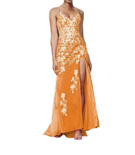 Image of Long Spaghetti Straps Tulle Mermiad Prom Dress V Neck Lace Appliques Formal Dress with Slit SF203