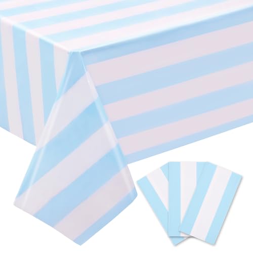 RuiYok 3 Packs Disposable Light Blue and Withe Striped Tablecloths 54 x 108 Inch Plastic Waterproof Table Cover Horizontal Striped Tablecloth for Baby Shower Birthday Theme Party Decoration
