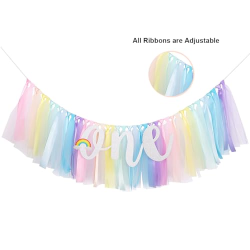 Image of 1st Birthday High Chair Banner One Year Birthday Decorations Pastel Rainbow Theme First birth day Banner for Girls Boys 1st birthday Party Baby Shower Decorations Highchair Garland
