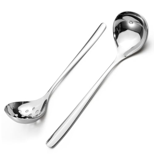 Realand 2Pcs Small Ladle and Slotted Spoon, Heavy Duty 304 Stainless Steel Mini Soup Ladles and Skimmer Strainer, Silver