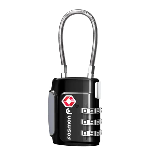 Fosmon, TSA-anerkannte Kabelschlösser für Gepäck, Koffer, Waffenkoffer – mit Druckknopfentriegelung, 3-stellige Zahlenkombination mit langem Bügel – Drahtseilschloss für Rucksack