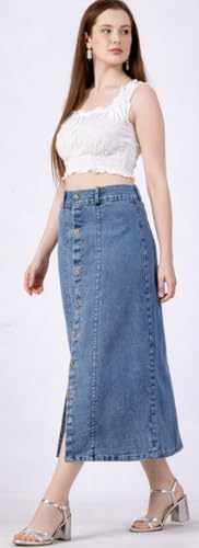 Image of Western Regular Fit Comfortable Long Two Button Up Dobby Denim Skirt for Girls & Women