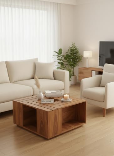 Image of Sheeshsam Wooden Center Coffee Table - Solid Wooden Coffee Table for Living Room - Tea Table Teapoy Center Piece for Home Sofa Center Table for Living Room (Honey, Jacob)