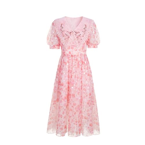 Vestido de verano para mujer, elegante, con cuello Peter Pan, estampado floral, color rosa dulce, Pnnrk, XL