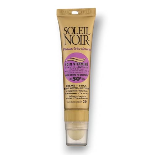 Soleil Noir - Combi 2-en-1, Crème Solaire Enfants SPF 50+ Très Haute Protection UVA et UVB (20 ml) + 1 Stick à Lèvres SPF 30 (2 g) - Peaux Très Claires, Dès 3 Ans - Fabrication Française