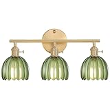 Shenmoyl Bathroom Light Fixtures, 3-Light Brass Vanity Wall Light Over Mirror with Green Tulip Glass Shade for Bedroom Living Room