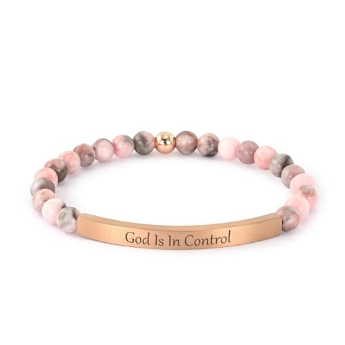 cusurlove Personalized Bracelets for Women Men Couple 18K Gold Plated Stainless Steel Bar Custom Engraved Name Message Quotes Natural Gemstone Beaded Stretch Bracelet (GOD IS IN CONTROL-Pink Zebra Jasper)