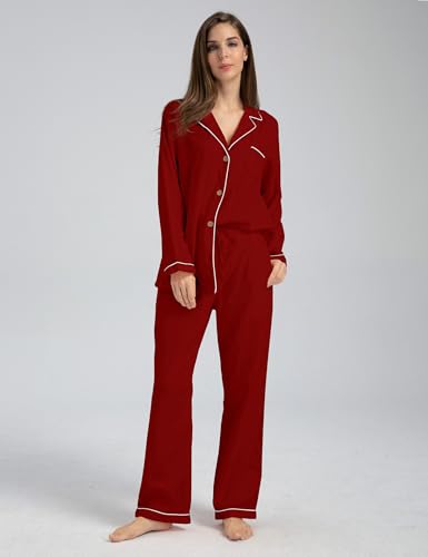 Image of Womens Muslin Pajama Set 100% Cotton Double Gauze Linen Like | Breathable Soft Comfort Button Up Loungewear Sleepwear PJ Set